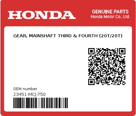 Product image: Honda - 23451-MCJ-750 - GEAR, MAINSHAFT THIRD & FOURTH (20T/20T)  0