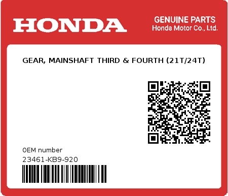 Product image: Honda - 23461-KB9-920 - GEAR, MAINSHAFT THIRD & FOURTH (21T/24T)  0
