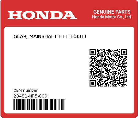 Product image: Honda - 23481-HP5-600 - GEAR, MAINSHAFT FIFTH (33T)  0
