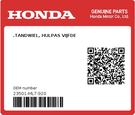 Product image: Honda - 23501-ML7-920 - .TANDWIEL, HULPAS VIJFDE  0
