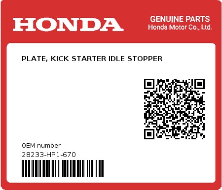 Product image: Honda - 28233-HP1-670 - PLATE, KICK STARTER IDLE STOPPER  0