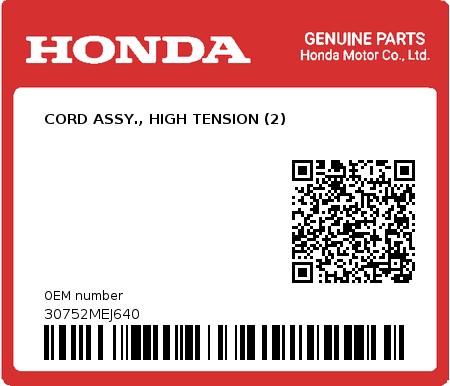Product image: Honda - 30752MEJ640 - CORD ASSY., HIGH TENSION (2)  0