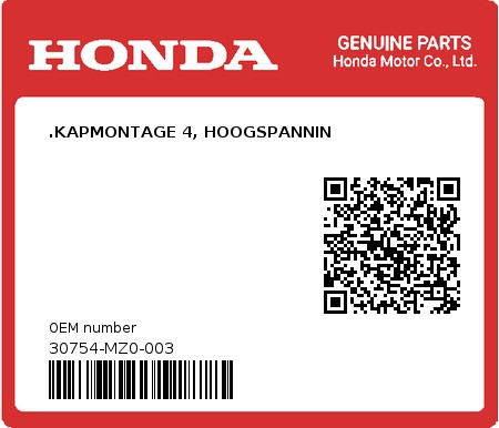 Product image: Honda - 30754-MZ0-003 - .KAPMONTAGE 4, HOOGSPANNIN  0