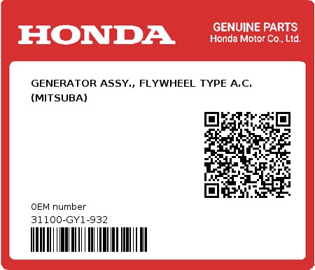 Product image: Honda - 31100-GY1-932 - GENERATOR ASSY., FLYWHEEL TYPE A.C. (MITSUBA)  0