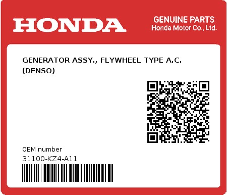 Product image: Honda - 31100-KZ4-A11 - GENERATOR ASSY., FLYWHEEL TYPE A.C. (DENSO)  0