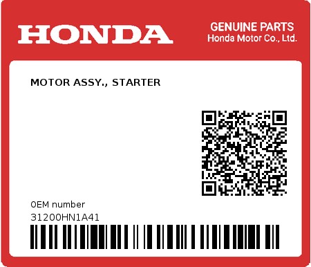 Product image: Honda - 31200HN1A41 - MOTOR ASSY., STARTER  0