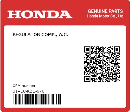 Product image: Honda - 31410-KZ1-670 - REGULATOR COMP., A.C.  0