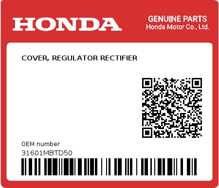 Product image: Honda - 31601MBTD50 - COVER, REGULATOR RECTIFIER  0