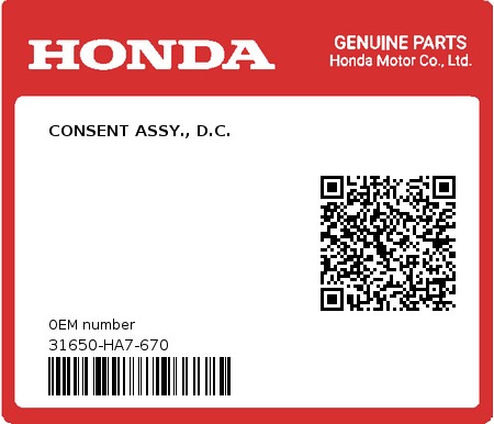Product image: Honda - 31650-HA7-670 - CONSENT ASSY., D.C.  0