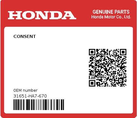 Product image: Honda - 31651-HA7-670 - CONSENT  0