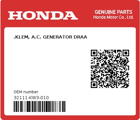 Product image: Honda - 32111-KW3-010 - .KLEM, A.C. GENERATOR DRAA  0