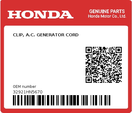 Product image: Honda - 32921HN5670 - CLIP, A.C. GENERATOR CORD  0