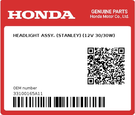 Product image: Honda - 33100165A11 - HEADLIGHT ASSY. (STANLEY) (12V 30/30W)  0