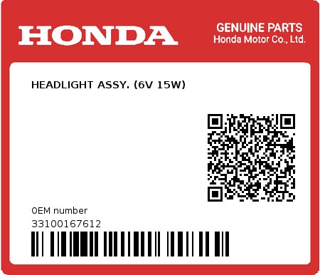 Product image: Honda - 33100167612 - HEADLIGHT ASSY. (6V 15W)  0