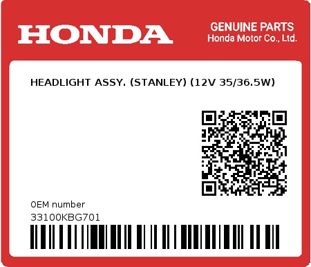 Product image: Honda - 33100KBG701 - HEADLIGHT ASSY. (STANLEY) (12V 35/36.5W)  0