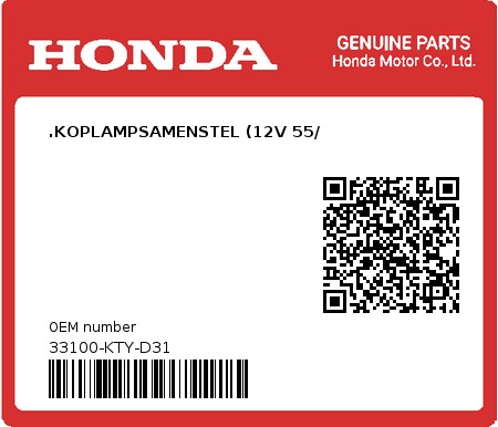 Product image: Honda - 33100-KTY-D31 - .KOPLAMPSAMENSTEL (12V 55/  0