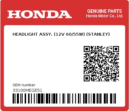 Product image: Honda - 33100MEGE51 - HEADLIGHT ASSY. (12V 60/55W) (STANLEY)  0