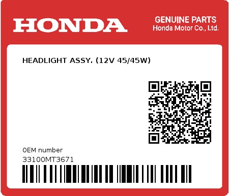 Product image: Honda - 33100MT3671 - HEADLIGHT ASSY. (12V 45/45W)  0