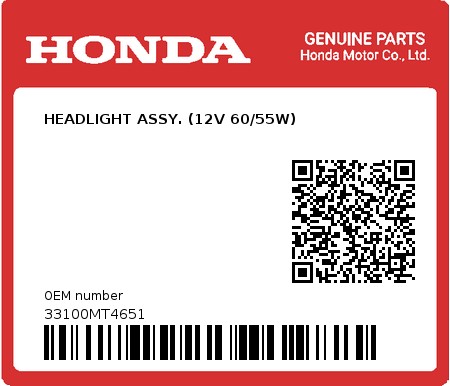 Product image: Honda - 33100MT4651 - HEADLIGHT ASSY. (12V 60/55W)  0