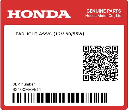 Product image: Honda - 33100MV9611 - HEADLIGHT ASSY. (12V 60/55W)  0