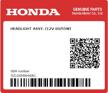 Product image: Honda - 33100MW4681 - HEADLIGHT ASSY. (12V 60/55W)  0