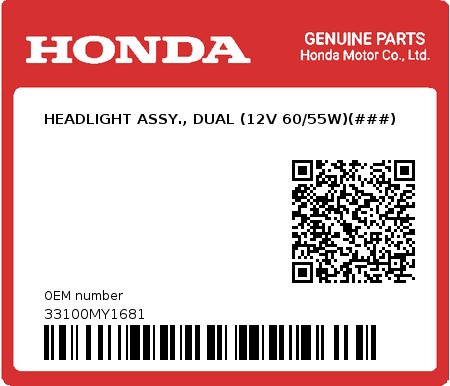 Product image: Honda - 33100MY1681 - HEADLIGHT ASSY., DUAL (12V 60/55W)(###)  0