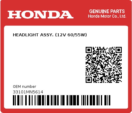 Product image: Honda - 33101MN5614 - HEADLIGHT ASSY. (12V 60/55W)  0
