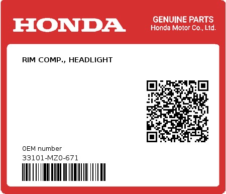 Product image: Honda - 33101-MZ0-671 - RIM COMP., HEADLIGHT  0