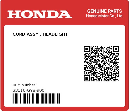 Product image: Honda - 33110-GY8-900 - CORD ASSY., HEADLIGHT  0