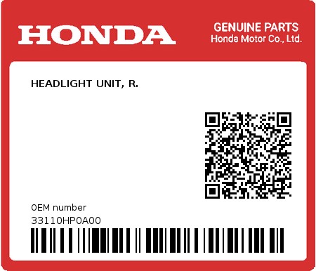 Product image: Honda - 33110HP0A00 - HEADLIGHT UNIT, R.  0