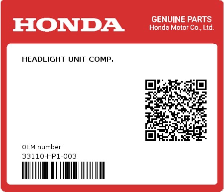 Product image: Honda - 33110-HP1-003 - HEADLIGHT UNIT COMP.  0