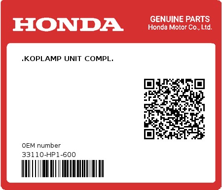 Product image: Honda - 33110-HP1-600 - .KOPLAMP UNIT COMPL.  0