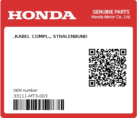 Product image: Honda - 33111-MT3-003 - .KABEL COMPL., STRALENBUND  0
