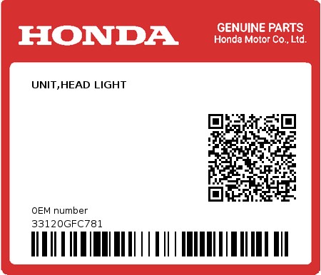Product image: Honda - 33120GFC781 - UNIT,HEAD LIGHT  0