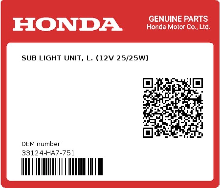 Product image: Honda - 33124-HA7-751 - SUB LIGHT UNIT, L. (12V 25/25W)  0