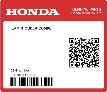 Product image: Honda - 33140-KTY-D31 - .LAMPHOUDER COMPL.  0