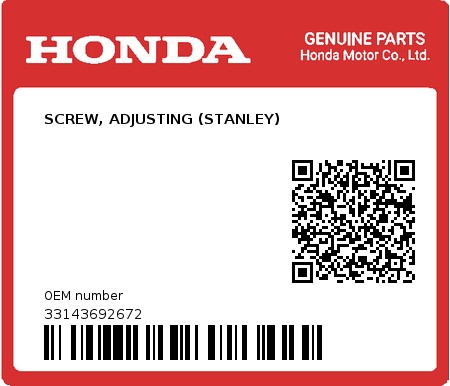 Product image: Honda - 33143692672 - SCREW, ADJUSTING (STANLEY)  0