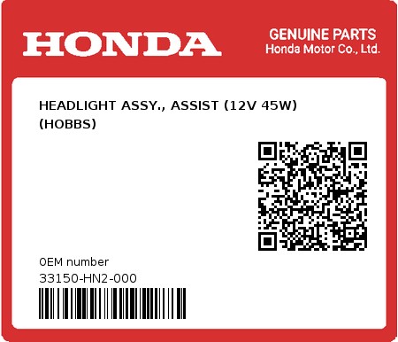 Product image: Honda - 33150-HN2-000 - HEADLIGHT ASSY., ASSIST (12V 45W) (HOBBS)  0