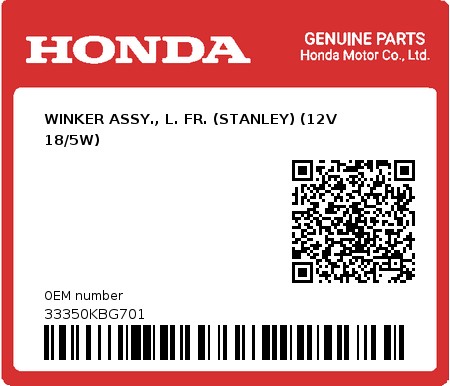 Product image: Honda - 33350KBG701 - WINKER ASSY., L. FR. (STANLEY) (12V 18/5W)  0