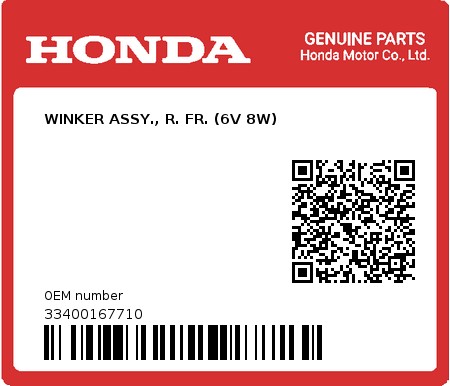 Product image: Honda - 33400167710 - WINKER ASSY., R. FR. (6V 8W)  0