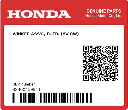 Product image: Honda - 33400459911 - WINKER ASSY., R. FR. (6V 8W)  0