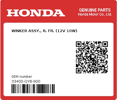 Product image: Honda - 33400-GY8-900 - WINKER ASSY., R. FR. (12V 10W)  0
