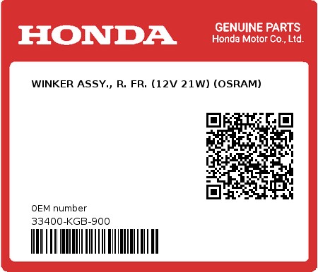 Product image: Honda - 33400-KGB-900 - WINKER ASSY., R. FR. (12V 21W) (OSRAM)  0