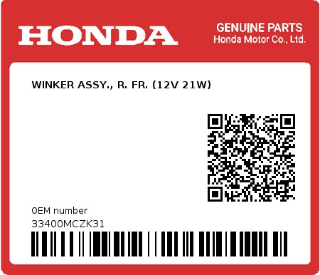 Product image: Honda - 33400MCZK31 - WINKER ASSY., R. FR. (12V 21W)  0