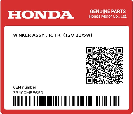 Product image: Honda - 33400MEE660 - WINKER ASSY., R. FR. (12V 21/5W)  0