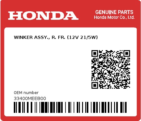 Product image: Honda - 33400MEEB00 - WINKER ASSY., R. FR. (12V 21/5W)  0