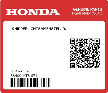 Product image: Honda - 33400-MT3-671 - .KNIPPERLICHTSAMENSTEL, R.  0