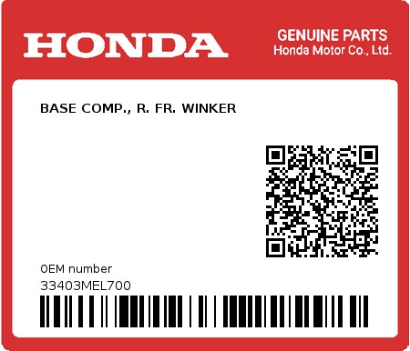 Product image: Honda - 33403MEL700 - BASE COMP., R. FR. WINKER  0