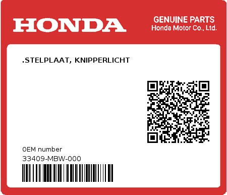 Product image: Honda - 33409-MBW-000 - .STELPLAAT, KNIPPERLICHT  0
