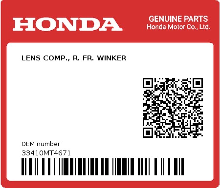 Product image: Honda - 33410MT4671 - LENS COMP., R. FR. WINKER  0